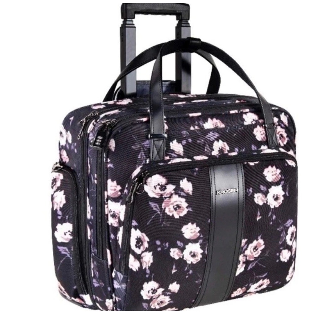 KROSER Rolling Laptop Bag Floral Carry On Briefcase with RFID Pockets Black Pink